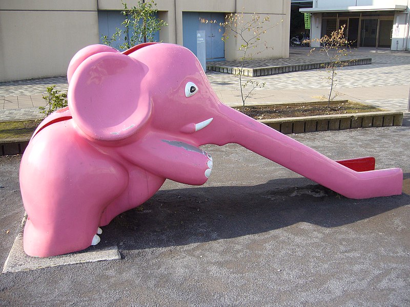 Pink elephant slide in Tokyo, Japan.