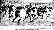 Halloran, slightly to the right of the ball chasing Pat Skelton (Ponsonby) and Brown (Marist). Ponsonby v Marist preseason 1934.jpg