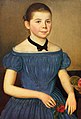 Portrait eines Mädchens im schulterfreien blauen Kleid, Öl auf Leinwand, 48 x 35 cm