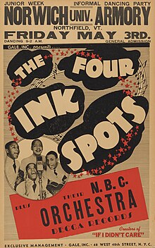 A poster for the group promoting an appearance with the NBC Symphony Orchestra circa 1946 Poster for The Four Inkspots and the N.B.C. Orchestra.jpg