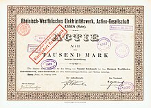 Share of the Rheinisch-Westfalische Elektrizitatswerk AG, issued 16 February 1900 RWE 1900.jpg