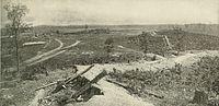 Sepia-toned photo shows Confederate defenses at Resaca.