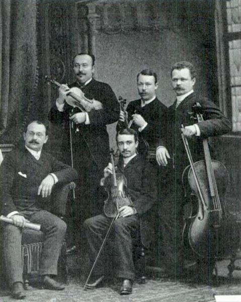 The Swiss piano quintet: sitting Willy Rehberg (piano) and Rigo (viola), standing Louis Rey (first violin), Emile Rey (second violin) and Adolphe Rehb