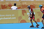 Deutsch: Badminton bei den Olympischen Jugendspielen 2018; Tag 2, 8. Oktober 2018; Viertelfinale Jungen Lauf 4 English: Roller speed skating at the 2018 Summer Youth Olympics; day 2, 8 October 2018 – Boys Quarterfinals run 4