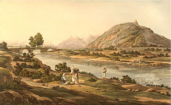 Kazı öncesi Orchomenos kalıntıları.  Edward Dodwell'in 1821'den önceki çizimi