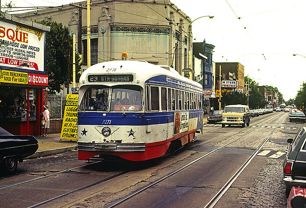 A Route 23 PCC Streetcar on Germantown Avenue at Venango Street in 1980.