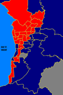 Metro SA: ALP in red, Liberal in blue, Independents in white. These boundaries are based on the 2006 electoral redistribution. Sametro02.png