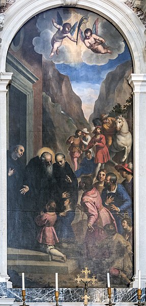 File:Santa Giustina (Padua) - St. Benedict welcomes his disciples, Maurus and Placidus by Palma Il Giovane.jpg