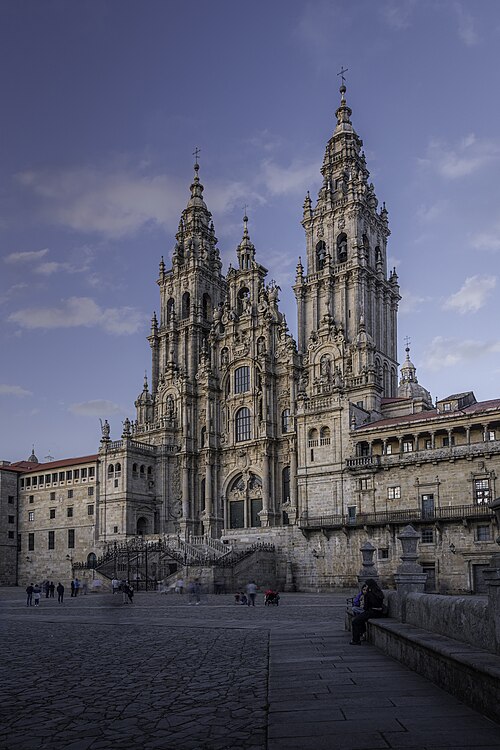 The façade at dusk