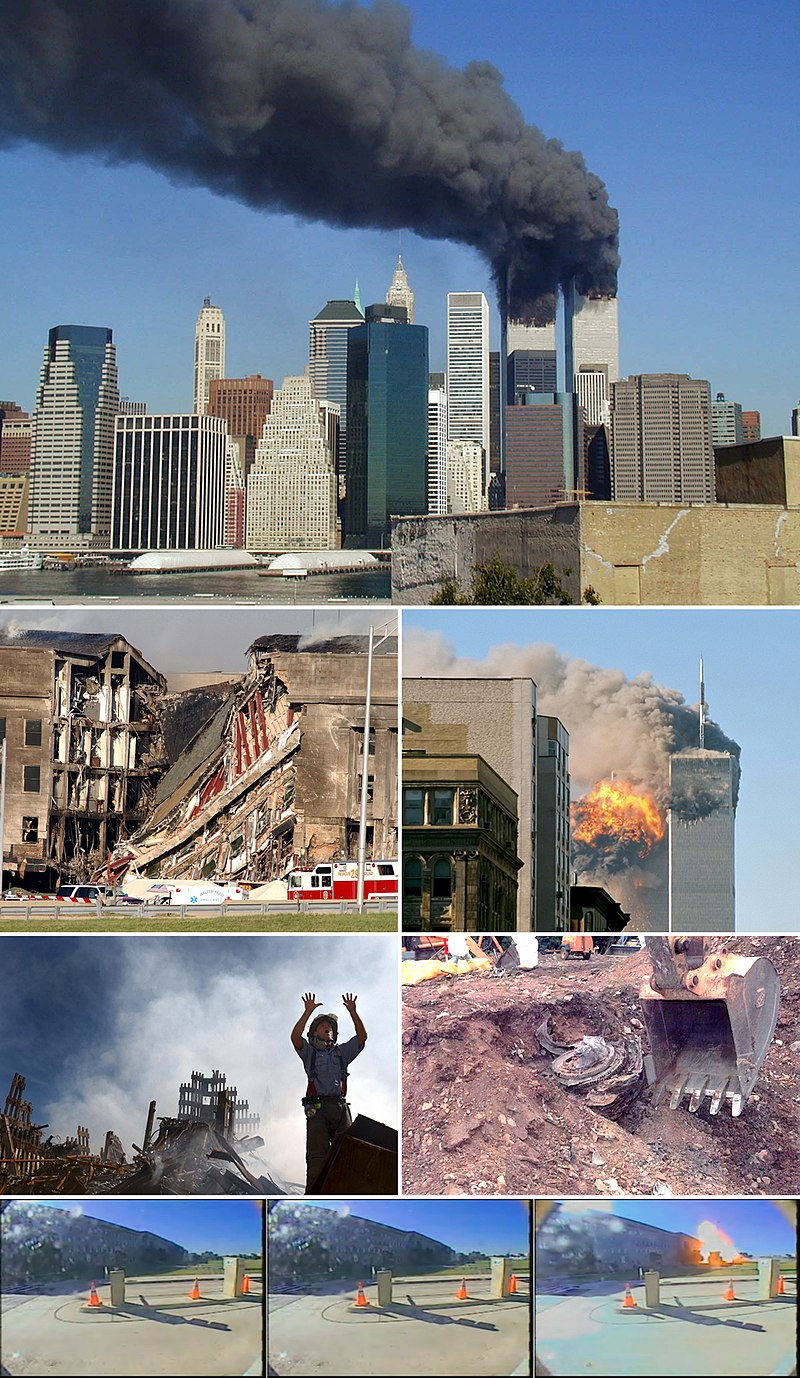 A montage of eight images depicting, from top to bottom, the World Trade Center towers burning, the collapsed section of the Pentagon, the impact explosion in the South Tower, a rescue worker standing in front of rubble of the collapsed towers, an excavator unearthing a smashed jet engine, three frames of video depicting American Airlines Flight 77 hitting the Pentagon