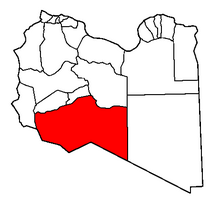 Karta över Libyen med distriktet Murzuq i rött.