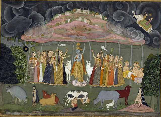 Krishna lifts Mount Govardhan by Ustad Sahibdin. Bikaner, c. 1690. British Museum.