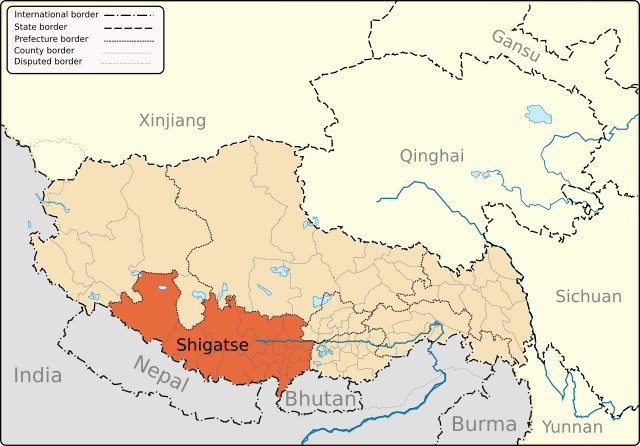 Shigatses läge i Tibet, Kina.