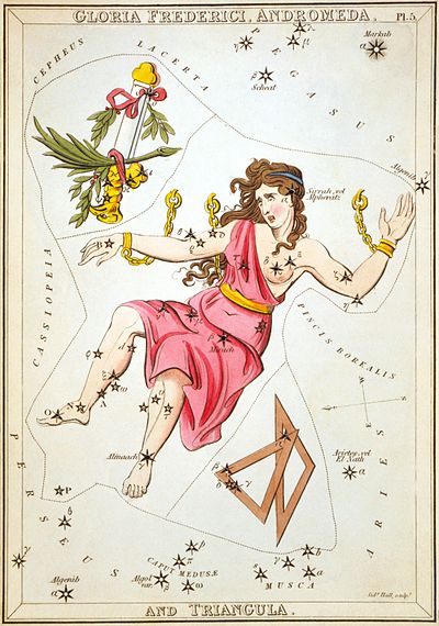 Gloria Frederici is seen above and to the left of Andromeda in this 1825 star chart from Urania's Mirror. Sidney Hall - Urania's Mirror - Gloria Frederici, Andromeda, and Triangula.jpg