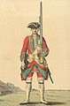 Soldier of the 11th Foot in 1742. The red coat displays the regiment's green facings.