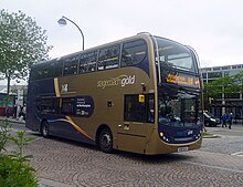 Stagecoach Gold service X4 from Peterborough in Central Milton Keynes. Stagecoach X4 in Central Milton Keynes.JPG
