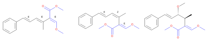 EEE (incorrect first published structure) and EZE strobilurin A with the related natural product fungicide oudemansin A Strobilurin oudemansin.png