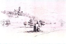 1860 Drawing of the "Duke's Chair" with the Cathedral of Maria Saal in the background Stuhlk01hq.jpg