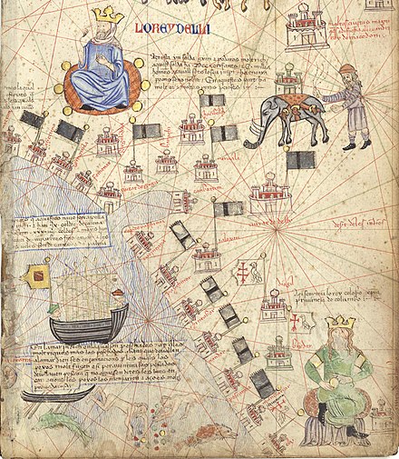 Sultan of Delhi (top, flag: ) and the "King of Colombo" (Kollam) at the bottom (flag: , identified as Christian due to the early Saint Thomas Christianity there, and the Catholic mission under Jordanus since 1329)[50] in the contemporary Catalan Atlas of 1375.[51] Several of the location names are accurate.[52] The caption next to the southern king reads: Here rules the king of Colombo, a Christian.[53]
