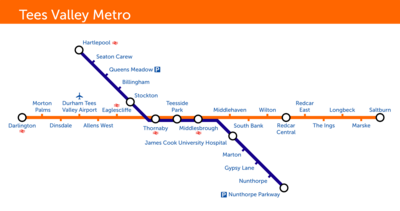 previously proposed Tees Valley Metro route showing most current stations in the region along with proposed stations not built at the present time