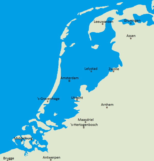Without dikes, the Netherlands would be flooded to this extent.