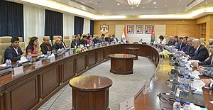 The President, Shri Pranab Mukherjee and the Prime Minister of Jordan, Dr. Abdullah Ensour at the delegation level talks, in Amman, Jordan on October 11, 2015.jpg