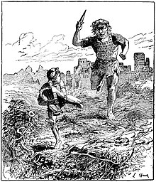 Jack running from the giant in the Red Fairy Book (1890) by Andrew Lang The Red Fairy Book-141.jpg