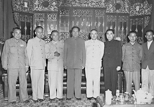 Gathering of Chinese Communist leaders in Beijing in June 1950.  From left Zhu De, Liu Shaoqi, Saifuddin Azizi, Mao Zedong, Burhan Shahidi, Zhou Enlai, Deng Liqun and Delin (Sibo translator of Saifuddin).