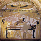 Fresco of a mummy lying on a bier. Women stand at the head and foot of the bier, while a winged woman kneels in the register above