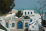 White building with blue doors and windows and some palm trees