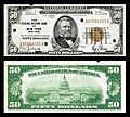 1929-es szériájú National Currency Federal Reserve Bank Note típusú, a Federal Reserve Bank of New York, New York által kibocsátott 50 dolláros bankjegy Grant portréjával.