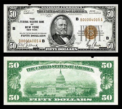 $50 Federal Reserve Bank Note (1929) depicting Ulysses S. Grant. FRB New York.