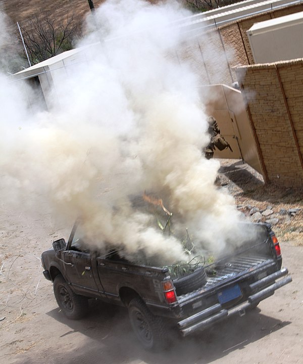 A mock explosion of a pickup truck converted to SVBIED, used by U.S. marines for OPFOR purposes at Camp Pendleton