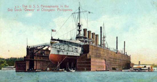 USS Pennsylvania in drydock USS Dewey, the second YFD, c. 1906–1907