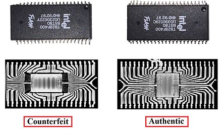 Using X-ray for inspection and quality control: the differences in the structures of the die and bond wires reveal the left chip to be counterfeit.[133]