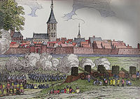 Rendition, 1788, of the Northern Sieges, depicting a painting of a group of soldiers in trenches and barricades outside a medieval town. The town has dark brown stone in its walls. The soldiers are firing many cannons and muskets at it.