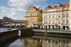 Cafe by waterfront Vltava River and the Charles Bridge, Prague, Czech Republic