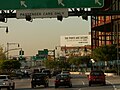 West Side Highway by New York Passenger Terminal in Hells Kitchen. Hudson River Park is on left. The advertisement talks about the 2006 controversy about a Dubai Company taking over the New York and New Jersey Ports.