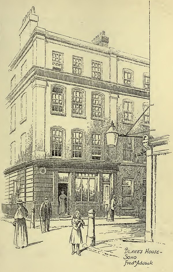 28 Broad Street (now Broadwick Street) in an illustration of 1912. Blake was born here and lived here until he was 25. The house was demolished in 196