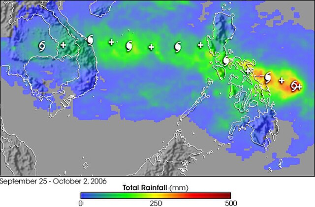 This image shows rainfall totals for Southeast Asia for September 25 – October 2, 2006 estimated in part from data collected by the Tropical Rainfall 