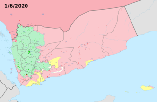 Situation in June 2020, showing areas controlled by the Southern Transitional Council in yellow. Yemen Warmap with Frontlines.png