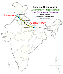 (Горакхпур - Амритсар) Карта маршрута экспресса Джан Садхаран