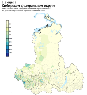 Расселение немцев в СФО по городским и сельским поселениям в %, перепись 2010 г.