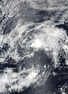 Satellite image of Tropical Depression One-E several hours after being classified as a tropical cyclone on May 10