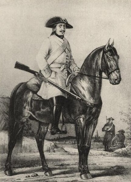 Mounted Russian dragoon armed with an infantry long gun, c. 1710