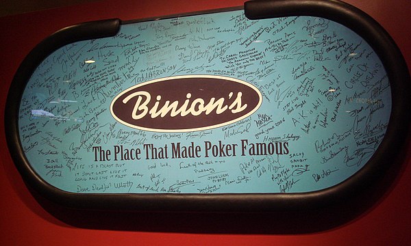 A Binion's poker table signed by WSOP Champions and other professional players after the casino hosted its final WSOP.