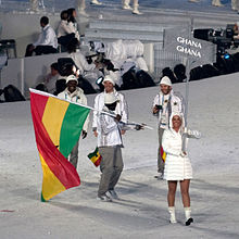 The team from Ghana during the opening ceremony of the 2010 Winter Olympics. 2010 Opening Ceremony - Ghana entering.jpg