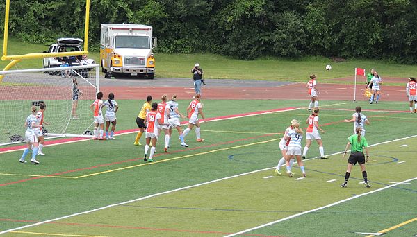 June 15, 2014 Sky Blue FC at Chicago Red Stars, DiBernardo serving a corner-kick to Loyden's goal. From left to right: 3-Morway 4-Foord 7-Kiryu 5-Bywa