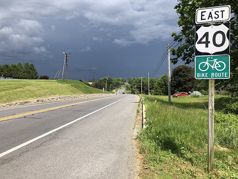 File:2020-05-29 14 46 13 View east along U.S. Route 40 (National Pike) at Maryland State Route 57 (Saint Paul Road) in Shady Bower, Washington County, Maryland, with a thunderstorm in the distance.jpg