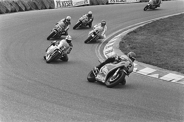 Mamola (2) leads Jack Middelburg (22), Wil Hartog (44) and Kenny Roberts (1) during a 500cc Dutch Invitational race at the Zandvoort Circuit in 1980.